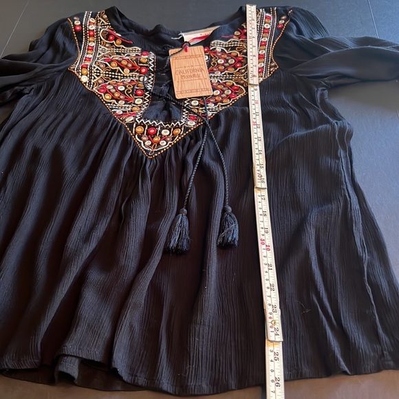 bohemian lace-up/embroidered yoke with mirror/sequin long sleeve/ruffle top-NWT - Picture 10 of 10